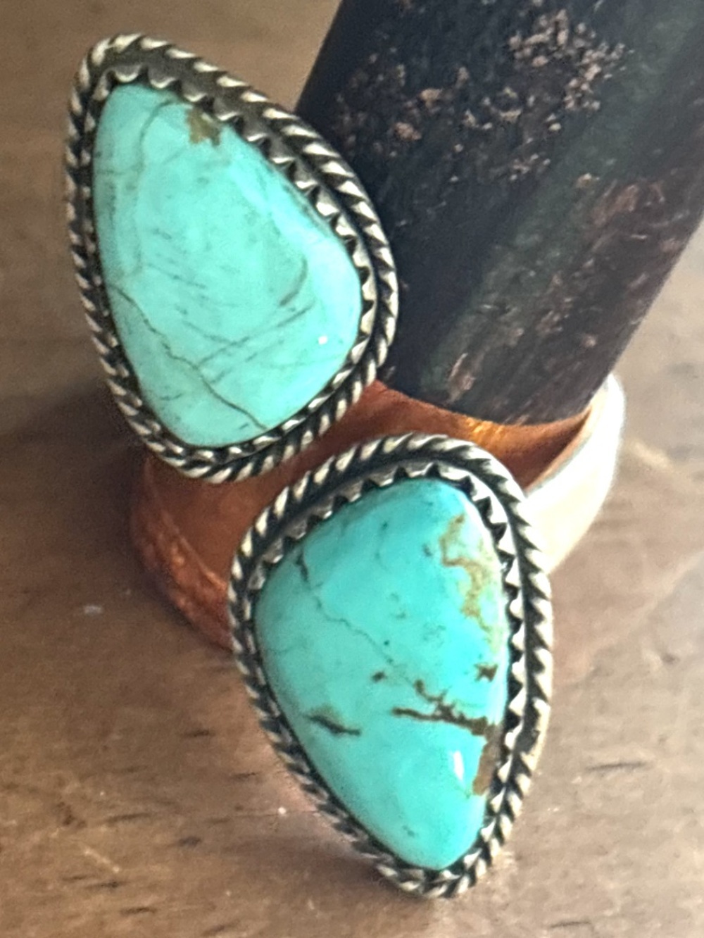 Sterling Silver And No. 8 Turquoise Double Teardrop Bypass Ring